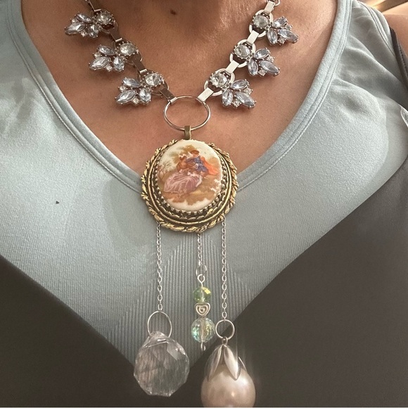 OOAK Assemblage Art Cameo Pendant Victorian Lovers Necklace Repurposed Vintage - Picture 1 of 11